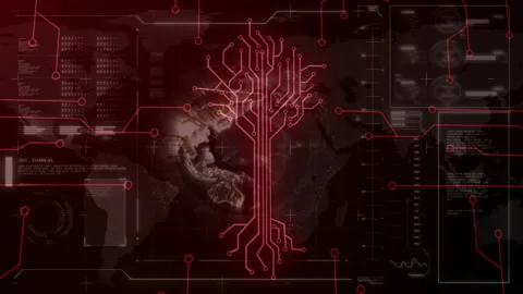 Animation of digital tree circuit with data elements over world map design Stock Footage 303840828