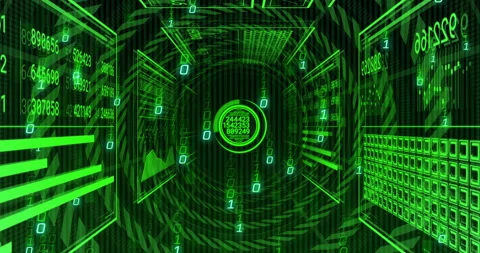 Animation of digital tunnel with binary code and numbers in green futuristic Video stock 303588904