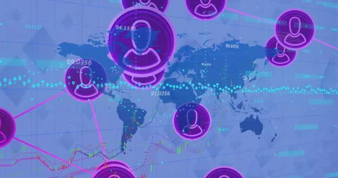 Animation of digital user icons and data analytics on world map background Stock Footage 303941639