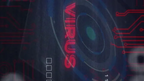 Animation of digital virus warning with red circuitry and binary code background Stock Footage 312510757