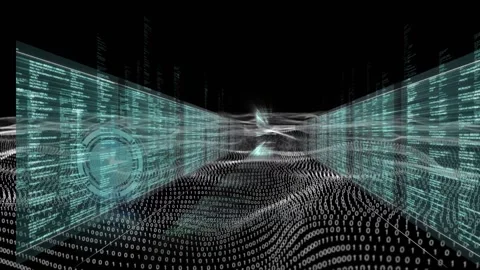 Animation of digital watch, binary codes moving in wave patterns amidst Stock Footage 202562534