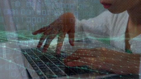 Animation of digital wave and binary coding over asian girl using laptop at Stock Footage 205609332