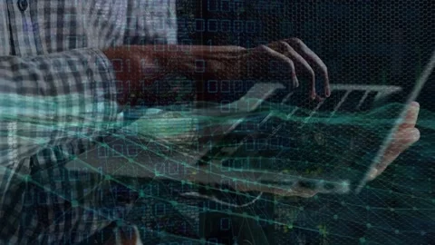 Animation of digital wave and binary coding over mid section of a man using Stock Footage 205609342