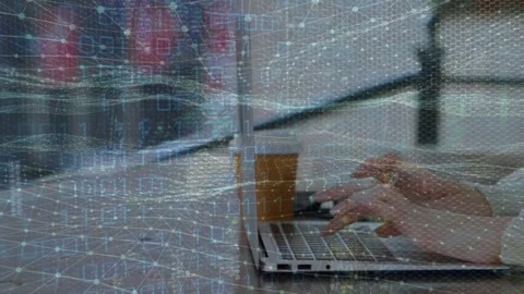 Animation of digital wave and binary coding over mid section of a woman using Stock Footage 329413627