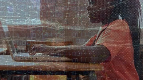 Animation of digital wave and binary coding over african american boy using Stock Footage 330058194
