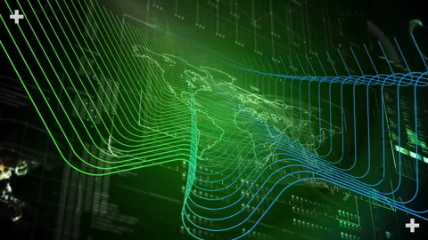 Animation of digital wave patterns and data visualization over world map Stock Footage 304853578