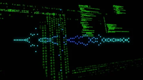 Animation of digital waveform with green code lines representing data processing Stock Footage 304078078