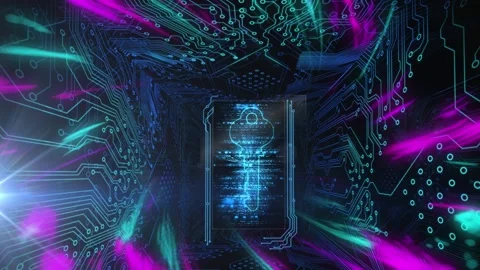 Animation of digital waves over security key icon and microprocessor connections Vídeo Stock 328470630