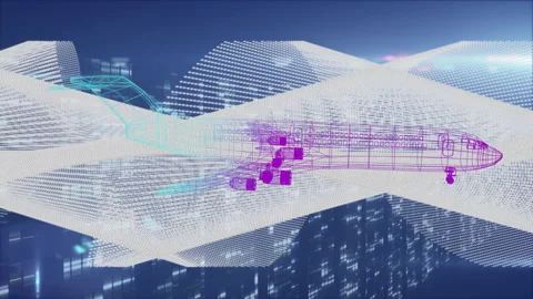 Animation of digital wireframe airplane flying over cityscape with glowing Stockbeeldmateriaal 303505736