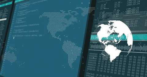 Animation of digital world map and binary code overlaying computer screen Stock Footage 304765636