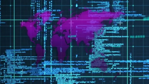 Animation of digital world map with blue coding text on dark background Stock Footage 303564384