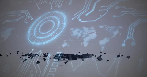 Animation of digital world map with circuit patterns over 3D blocks and Stock Footage 305832899