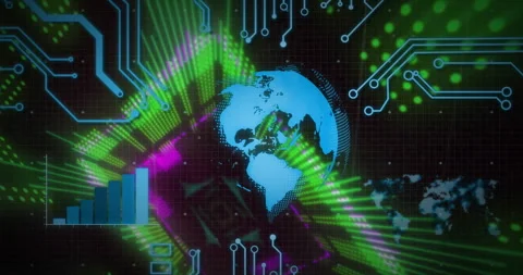 Animation of digital world map with colorful data streams and circuit patterns Stock Footage 306201247