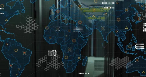 Animation of digital world map with data points and hexagonal patterns in office Stock Footage 303421203