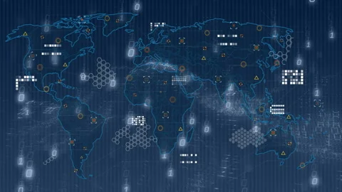 Animation of digital world map with data points and binary code overlay Stock Footage 304011238