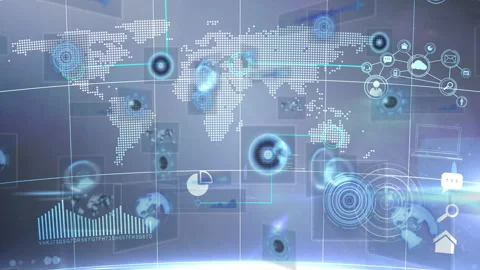 Animation with digital world map, data charts, futuristic technology elements Stock Footage 304843147