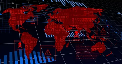 Animation of digital world map displaying virus warnings and binary code overlay Stock Footage 305058682