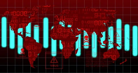 Animation of digital world map displaying virus warnings over binary code Video stock 305058716
