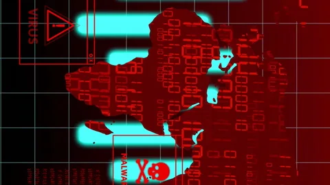 Animation of digital world map displaying virus warnings over binary code Stock Footage 313447651