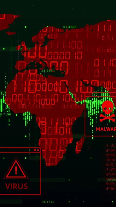 Animation of digital world map displaying virus and malware alerts in red and Stock Footage 319974366
