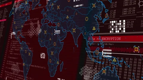 Animation of digital world map with encryption and data processing on red Stock Footage 305080497