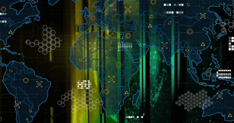Animation with digital world map featuring data processing elements and patterns Stock Footage 304840829