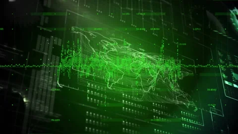 Animation of digital world map with green data streams and binary code overlay Stock Footage 303564387