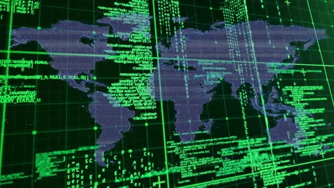 Animation of digital world map with green coding and data processing overlay Stock Footage 303564617