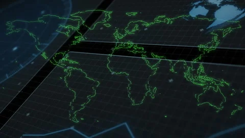 Animation of digital world map with green outlines on grid background, Stock Footage 304011660