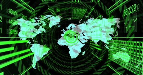 Animation of digital world map with green data and target graphics overlay Stock Footage 306201321