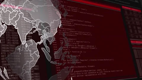 Animation of digital world map overlaying computer code, suggesting Stock Footage 303430753