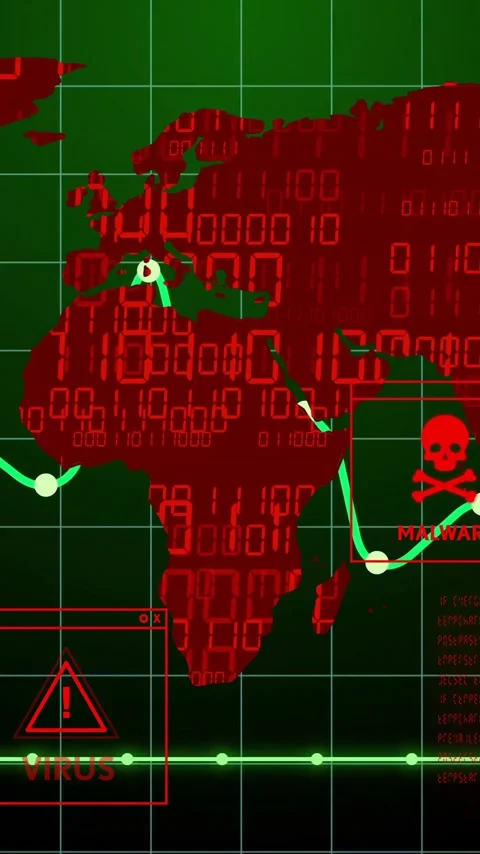 Animation of digital world map showing virus and malware warnings in red and Stock Footage 319618320