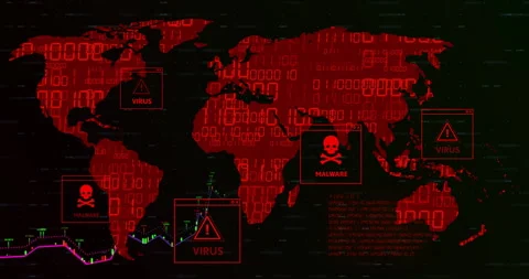 Animation of digital world map with virus alerts in red binary code Stock Footage 305058908