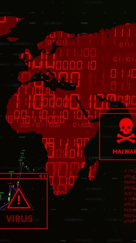 Animation of digital world map with virus alerts in red binary code Stock Footage 319416238