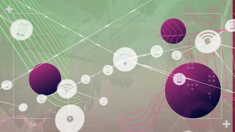 Animation of digitally generated circle and wave patterns with computer icons Stock Footage 329568521