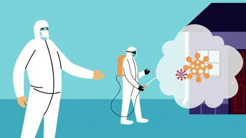 Animation of disinfection experts spraying protective chemicals against vir.. 스톡 동영상 338423926