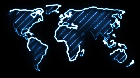 Animation displays a stylized world map outlined with bright, electric blue  Video stock 308586193