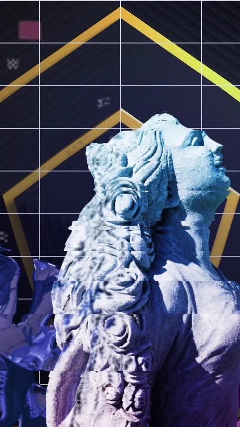 Animation of distorting classical sculpture of woman over gold hexagons and grid Video stock 323897461