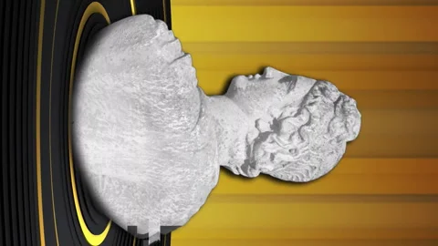 Animation of distorting female classical sculpture bust on black and gold rings Video stock 312672811