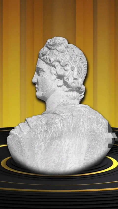 Animation of distorting female classical sculpture bust on black and gold rings Video stock 323897462