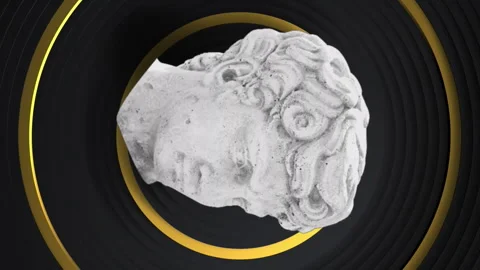 Animation of distorting male classical sculpture bust distorting over gold rings Video stock 312642470