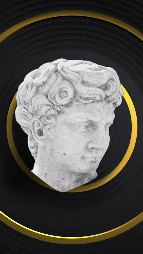 Animation of distorting male classical sculpture bust distorting over gold rings Video stock 323897458
