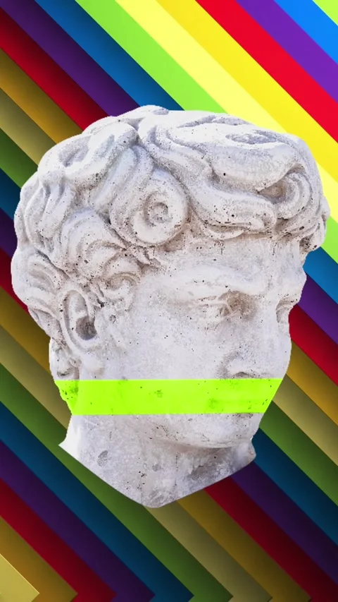 Animation of distorting male classical sculpture bust over diagonal rainbow Video stock 323897467