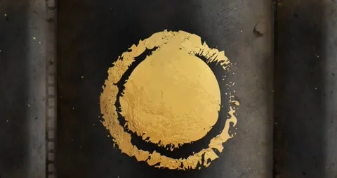 Animation of distressed gold circle and ring design on black with falling snow Stock Footage 328449909