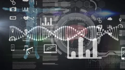 Animation of diverse biological and technical data processing in black space Stock Footage 326407683