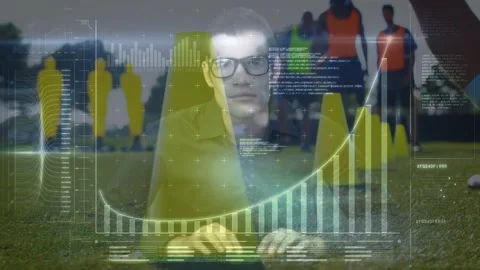 Animation of diverse data and caucasian programmer over diverse male soccer Stock Footage 327642204