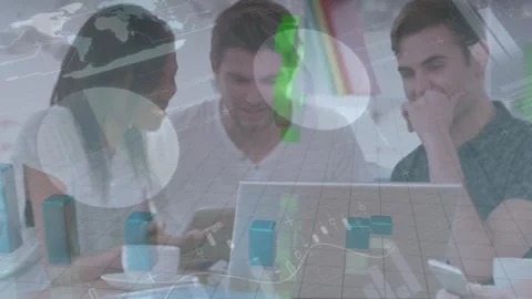 Animation of diverse data and graphs over happy diverse female and male workers Video stock 326096272