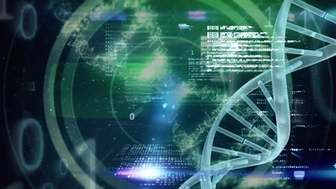 Animation of diverse data, binary code and globe over dna chain on black Stock Footage 329568190