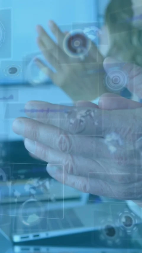 Animation of diverse data on digital screen over businesspeople clapping hands Stock Footage 322954215
