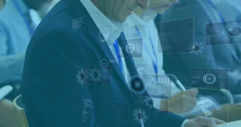 Animation of diverse data on digital screen over businesspeople clapping hands Stock Footage 327270342